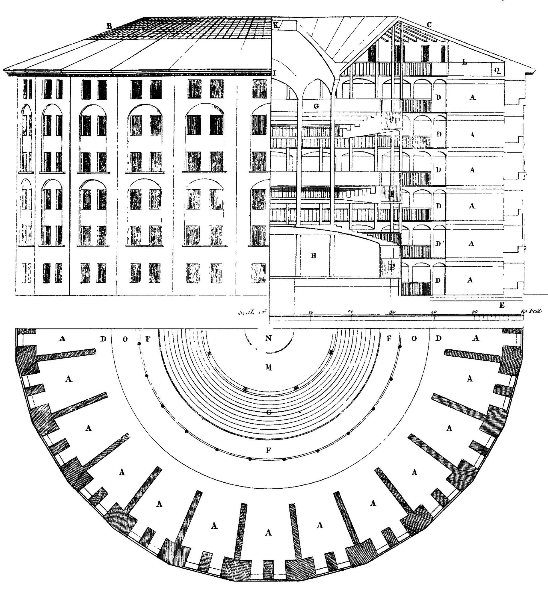 Plan of Jeremy Bentham's Panopticon prison, drawn by Willey Reveley, 1791